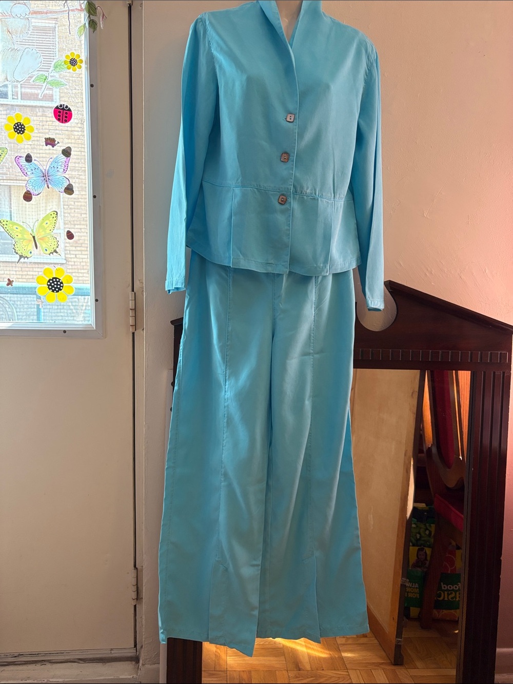 Women's Sky Blue Wide-Leg Pant Set with Jacket.  100. TENCEL